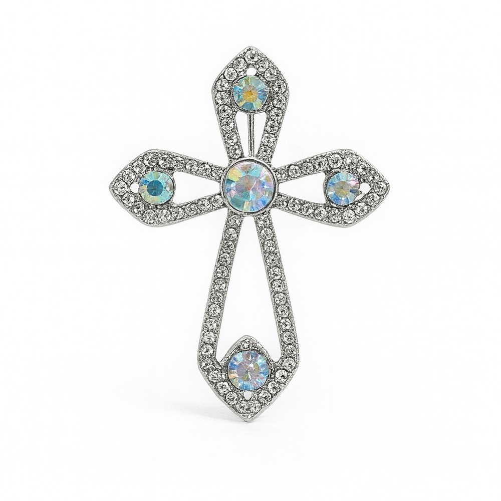 ⚜️ Elegant Silver Cross Brooch with Crystal Accents - Picture 1 of 6